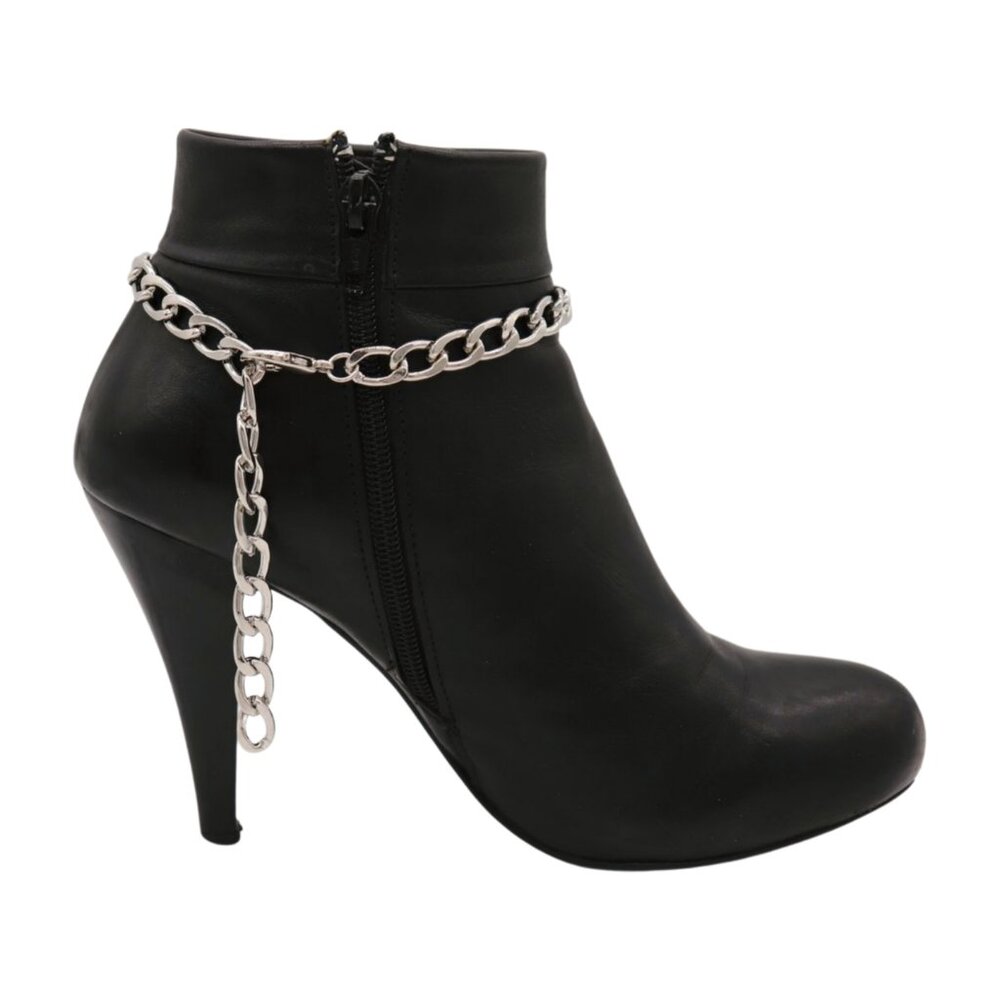 NEW Women 2PCS Silver Metal Boot Chain Shoe Anklet Bling Fleur De Lis Charm PAIR - Picture 9 of 17